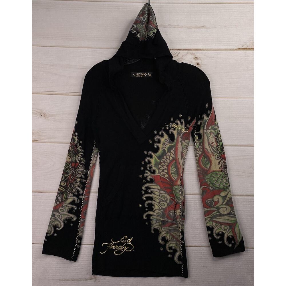 ED HARDY Sweater Top XS Black Long Sleeve Love Kills Slowly Studded Hooded Y2K